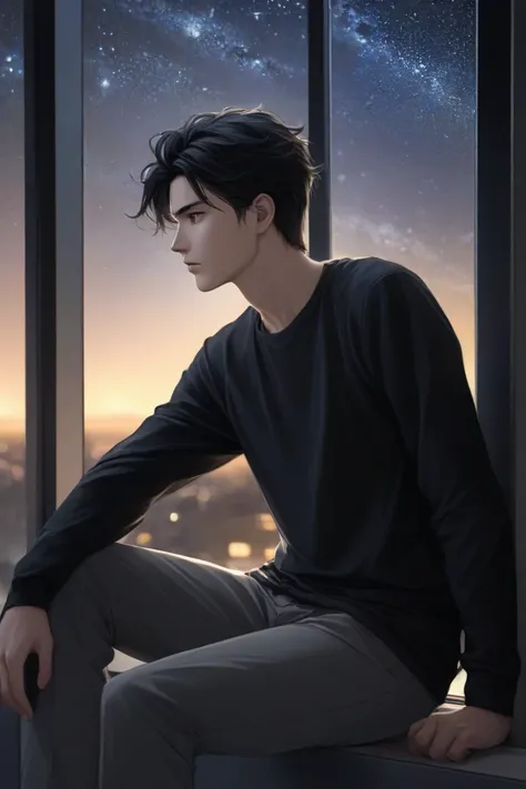 A young man with white skin,  black hair, Wear a long sleeve black shirt and gray Dril pants, He is sitting near a large glass window, Observing the night stars, The man looks thoughtful and concerned. 