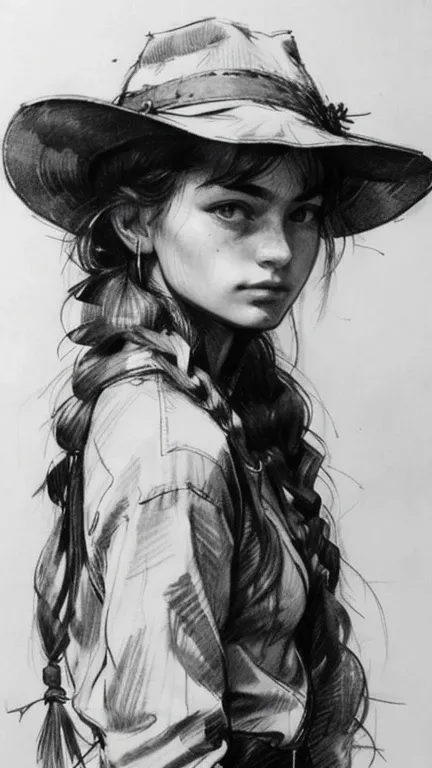   portrait in pencil, Of a thin woman with a braid,  sad, Expressions,  hat,  masterpiece,  Precise, 