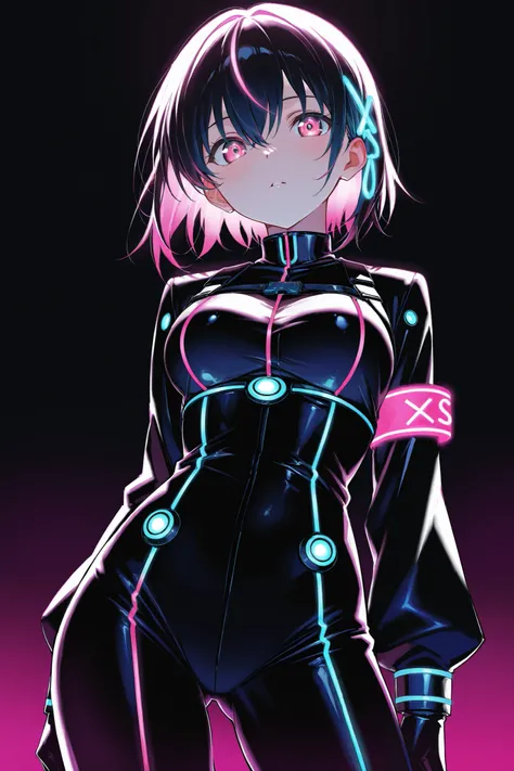 cute anime, girl character, neon hair, neon lights, neon colors, black dark background, black futuristic style outfit, neon glowing outlines, masterpiece, highest quality,amazing quality,absurdres