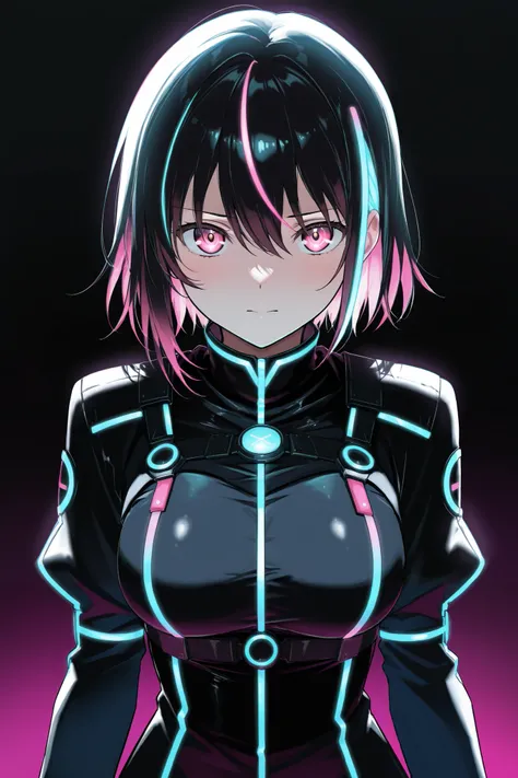 cute anime, girl character, neon hair, neon lights, neon colors, black dark background, black futuristic style outfit, neon glowing outlines, masterpiece, highest quality,amazing quality,absurdres