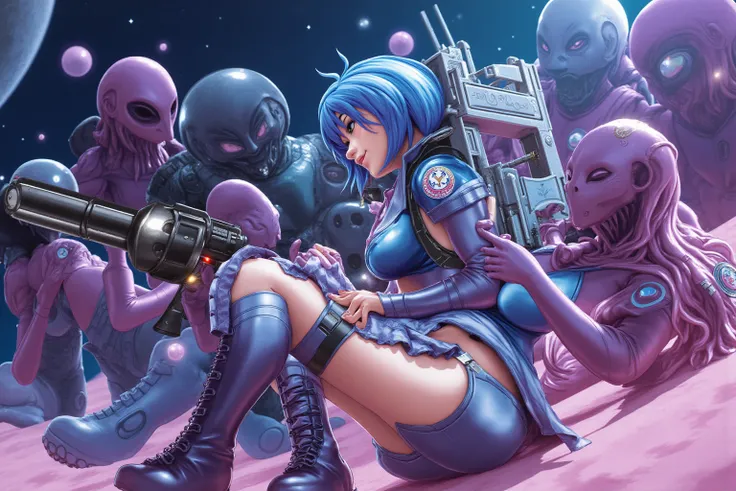 a sexy space warrior (cute, bubble helmet, adorable jetpack with flower stickers, blue sexy sailor string bikini  uniform with big collar and blue frilled micro skirt, metallic knee high jet boots with flower stickers, huge laser rifle, skin has a light bl...