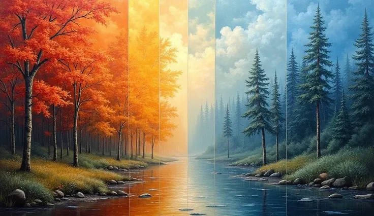 A majestic, panoramic canvas of interlocking rectangular sections, each divided by a diagonal stripe, transporting the viewer through a harmonious journey of the four seasons: spring's lush blooms, summer's verdant forests, autumn's kaleidoscope of golden ...