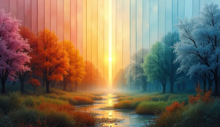 A majestic, panoramic canvas of interlocking rectangular sections, each divided by a diagonal stripe, transporting the viewer through a harmonious journey of the four seasons: spring's lush blooms, summer's verdant forests, autumn's kaleidoscope of golden ...