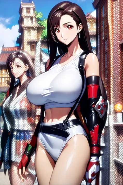 (((((tifa lockhart,Final Fantasy:1.5))))),((Highest quality、masterpiece、anime style、best quality、high resolution、8k、detailed、ultra-detailed:1.3))、Long legs:1.2, Beautiful woman with perfect figure:1.4、(Smiling:1.2), double eyelid、30-year-old female、((((One...