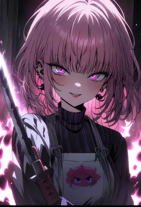 anime girl with   pink hair and piercings holding a knife,   Anime 1 Goth Girl   , ((  pink)),   Kasuma Yayoi's hint   , gapmoe   yandere, 2 d   anime style,   anime style. 8k,   yandere, 🪔 🎨;🌞🌄,   trigger anime art style, ❤🔥🍄🌪