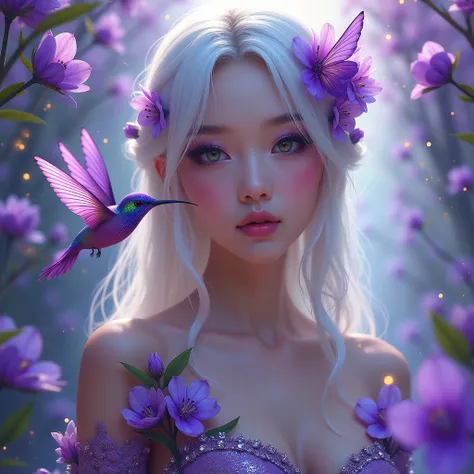 
An Asian woman with a striking look,  eye irises with reflection ,smoky green eyeshadow , long lashes and eyeliner
long wavy flowing platinum hair,  purple flowers with iridescent green in her hair ,  dress made of purple flowers with green and shiny rhin...