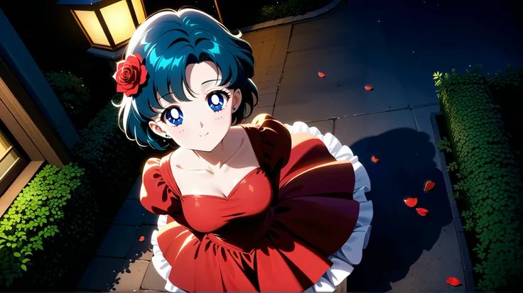 masterpiece, best quality, very aesthetic, absurdres,
,aamercury,1girl,solo,short hair,blue  hair,blue eyes,flower,dress,red flower,red dress,rose,outdoors,red rose,long sleeves,hair ornament,looking at viewer,from above, red footwear,puffy sleeves,hair f...