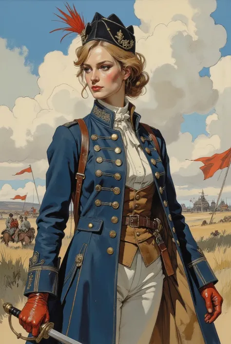  Une femme soldat forte et déterminée de l'époque napoléonienne ,  debout fièrement dans un uniforme militaire sur mesure .  Elle le manteau bleu marine est orné de broderies dorées complexes et de boutons en laiton ,  associés à une chemise blanche à col ...