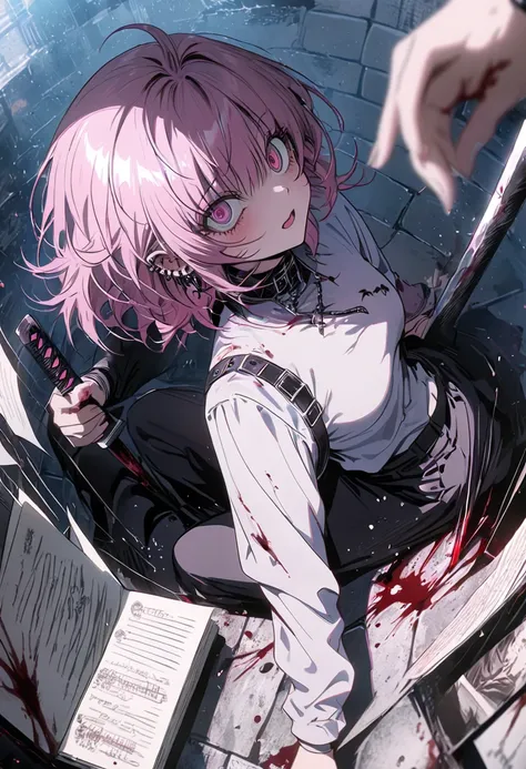 anime girl with   pink hair and piercings holding a knife,   Anime 1 Goth Girl   , ((  pink)),   Kasuma Yayoi's hint   , gapmoe   yandere, 2 d   anime style,   anime style. 8k,   yandere, 🪔 🎨;🌞🌄,   trigger anime art style, ❤🔥🍄🌪， score_9,  score_8_  up the ...