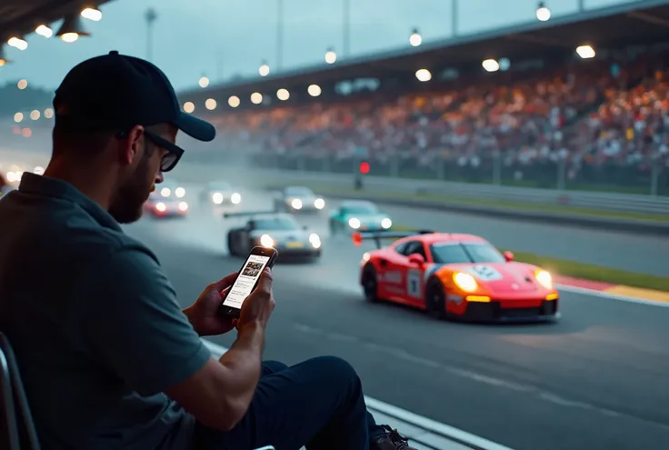 Photorealistic ultra-HD image of a spectator watching a Porsche Cup race while using their smartphone. The person is seated in the grandstands, dressed in a casual outfit with sunglasses and a cap, appearing focused on their phone. The smartphone screen em...