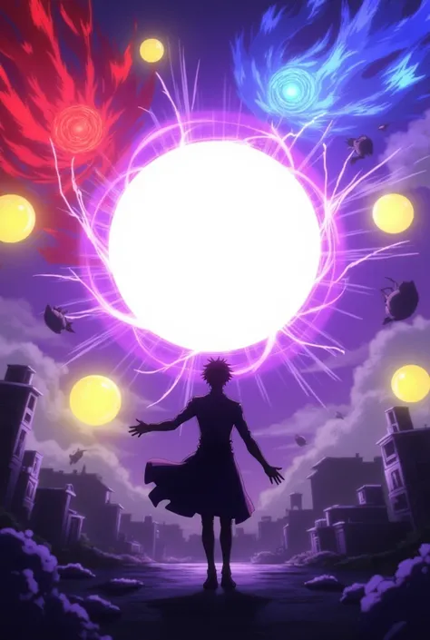 Gojo creating hollow purple, by merging three red, blue and yellow energy orbs to create a radiating white orb in the middle. Anime art