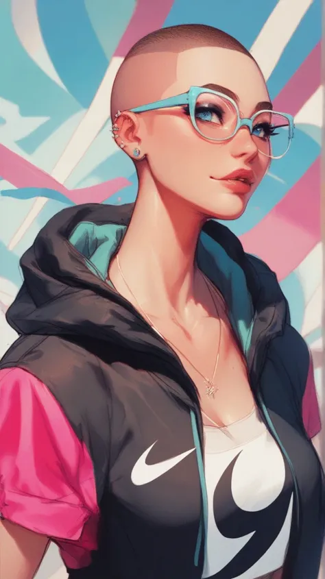  Cheerful woman with half a shaved head and the other half a pink one,  big white glasses and blue eyes, standing and wearing a black Nike hoodie and red leggins,  Animated Style ,  Character deSign , S, Sketch