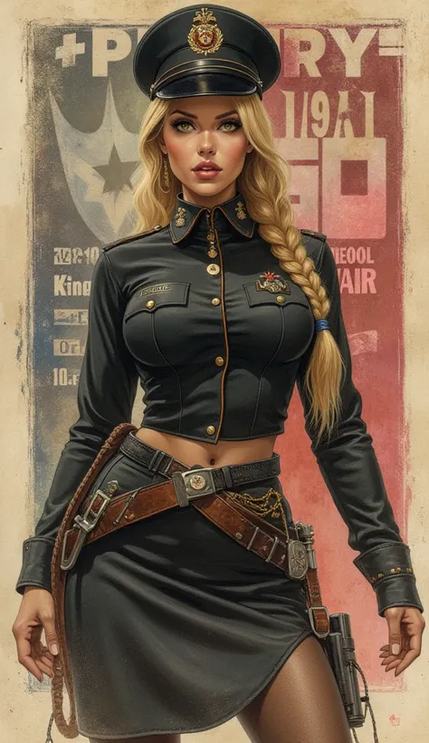 the proportions and detailed textures multicolor brushwork and softened with airbrush, semi-realistic ink china illustration of a strong and beautiful young girl in a steampunk style police uniform and epic fantasy (full body pose, with a confident and dar...