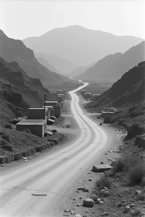 Make me photo of Oman infrastructure black and white picture from 1960 with dirty roads