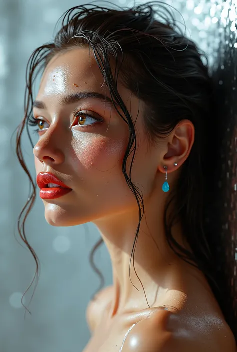 we create a bright and stylish image of a girl's face with pronounced bright lips in profile, there are drops of water on the face. silver background. wet hair, glamorous style of the drawing