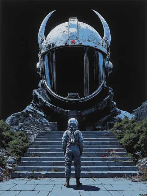 Black and dark art of an abandoned helmet, gigantic medieval alien sillver and shiny helmet, in front of a lone cosmonaut, minimalist background of flat surfaces grey and like the moon soil, stair made by squared blue blocks, blue, black and grey of red de...