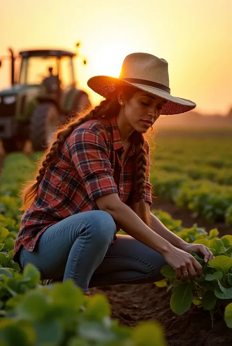 A Hispanic woman in her 20s with long braided hair , wearing a wide-brimmed straw hat and a plaid shirt , is kneeling in a field . She is tending to green plants in the soil. The background features tractor in job, rows of crops under a golden sunset , cas...