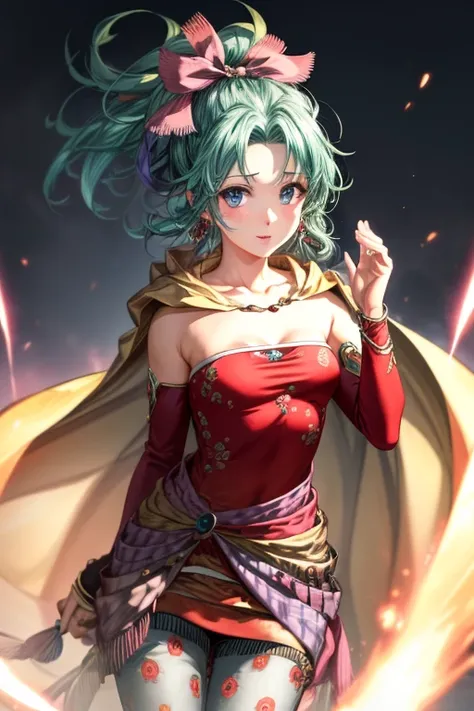 master piece, best quality, 8k, ultra high resolution, highest quality, anime style, best writing, beautiful face, masterpiece, highest quality, Tina Branford, green hair, cape, earrings, red dress, removed sleeve, hair ribbon, clothes around the waist, pr...