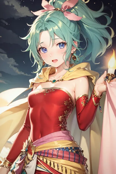 masterpiece, best quality, tina branford, green hair, cape, earrings, red dress, detached sleeves, hair ribbon, clothes around waist, upper body, looking at viewer, surprised, wide open eyes, village, night 