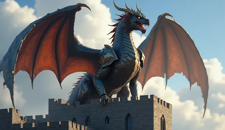 Majestic dragon in armor on top of a castle