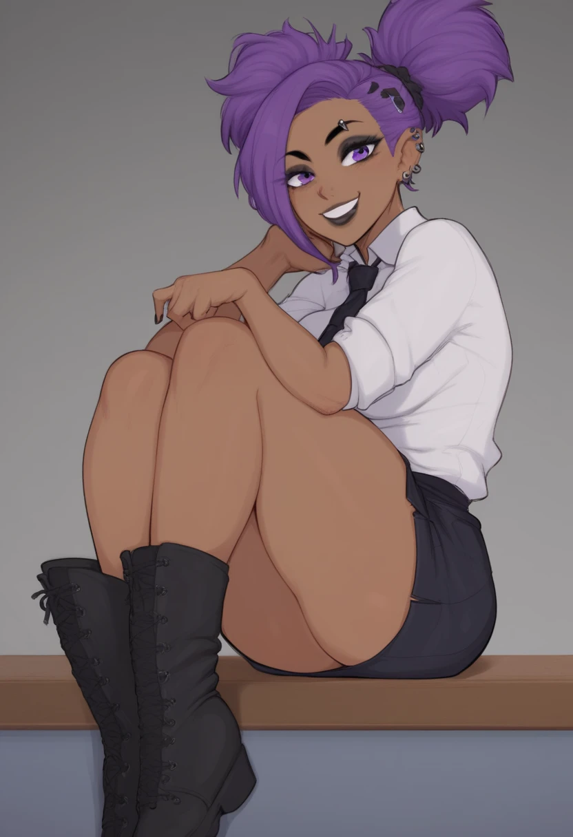 purple hair,  dark skin goth girl in student uniform School, sitting on a desk looking straight at me, with her legs a little bit open and soflty smiling seductivily, with Black skin, bright purple eyes and hair, wearing also kneesocks and Black boots, plu...