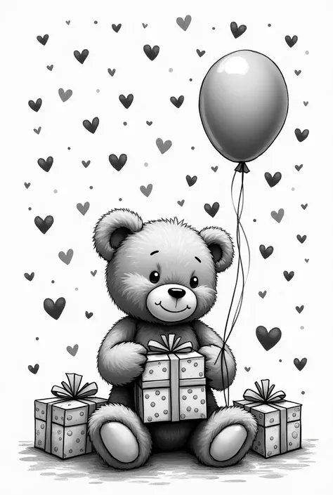 A gray Teddy bear in close-up on half a sheet holds gifts and balloons on the floor, the whole background in hearts smiles, graphic black and white drawing 