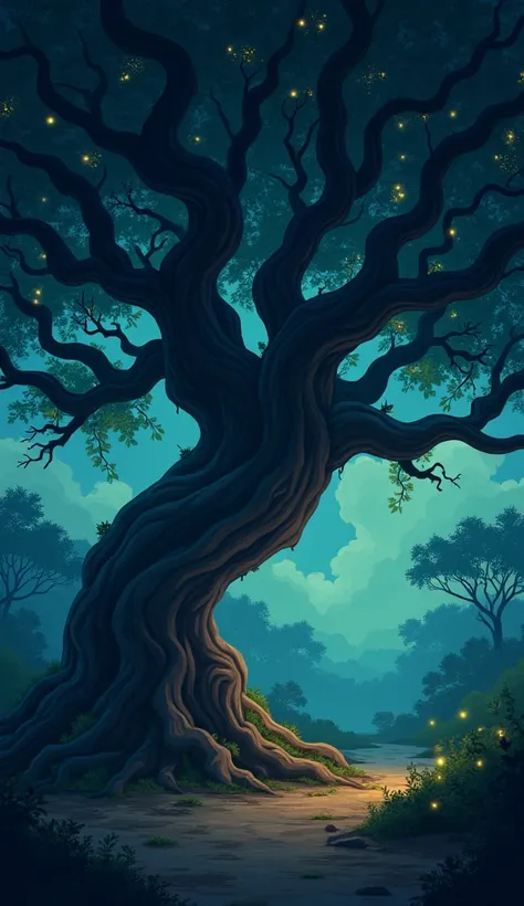 "An intense ultra HD cartoon scene of an ancient banyan tree in the middle of the village. The twisted branches rustle mysteriously, casting eerie shadows under the dark sky. A cold wind blows through the leaves, making a whispering sound. Glowing fireflie...