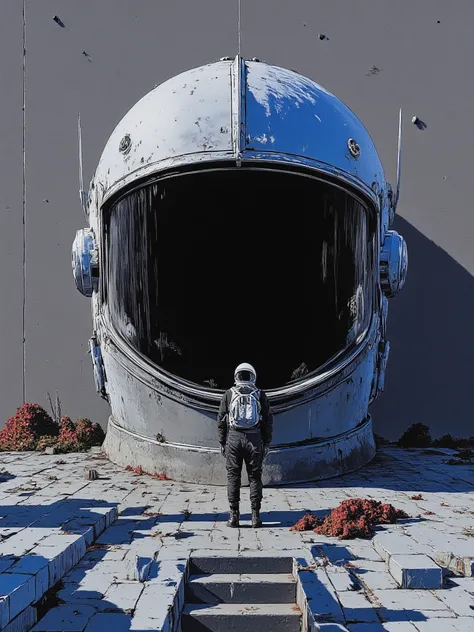 Black and dark art of an abandoned helmet, gigantic medieval alien sillver and shiny helmet, in front of a lone cosmonaut, minimalist background of flat surfaces grey and like the moon soil, long projected shadows, stair made by squared blue rough blocks, ...