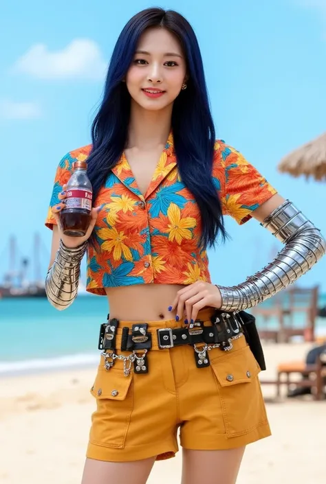 A hyper-realistic portrait of Tzuyu from TWICE dressed as Franky from One Piece. She has a bold and confident expression, capturing Franky’s eccentric, larger-than-life personality. Her long, dark hair is styled in a sleek, voluminous manner, with blue hig...