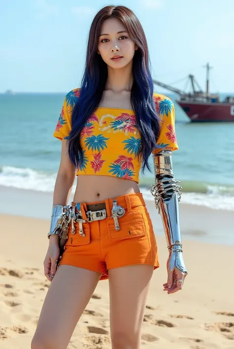 A hyper-realistic portrait of Tzuyu from TWICE dressed as Franky from One Piece. She has a bold and confident expression, capturing Franky’s eccentric, larger-than-life personality. Her long, dark hair is styled in a sleek, voluminous manner, with blue hig...