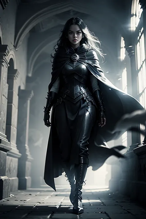 A woman wearing a cloak , walks through the dimly lit corridors of the ancient castle.  Cinematic lighting casts long shadows , dramatic shadows, emphasizing its hyperrealistic features,  shimmering torches cast an ominous glow on her regal figure.  With e...