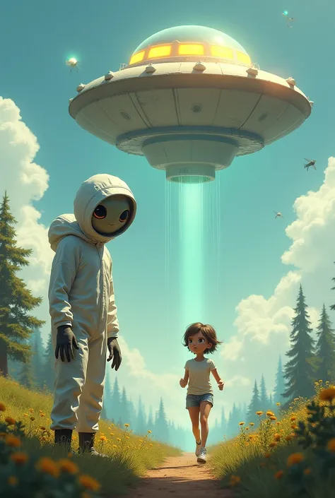 alien in white beekeeper's clothing next to a spaceship illuminating a short-haired girl in running clothes on Earth as if he were going to abduct her