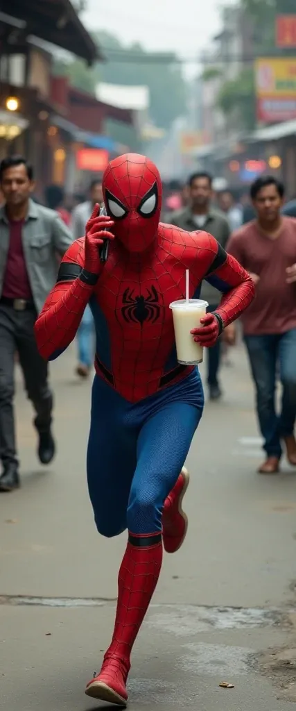 spiderman running, holding a white juice drink, right hand making a phone call, being chased by many angry people, on the traditional market street, near a shop called "SOP DUREN CIPANAS", speed effect