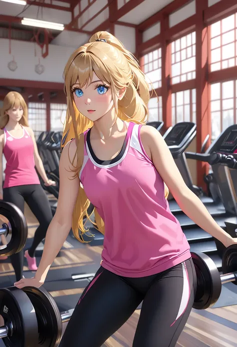  Masterpiece,  highest quality, 8k, Photo Reality,  by Nomi,  octane rendering, Exercising at a Japanese gym ( 1 female: 1.4), (There is only one woman in the photo: 1.4), ( Long Golden Hair), ( pink sports vest | black yoga pants), ( blue eyes) Side Displ...