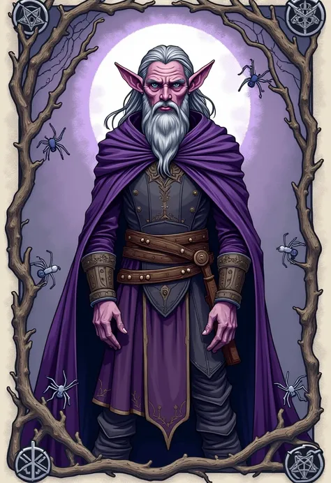 tarot card design, hand drawn, flat color, solo, full body, long elven ears, man, light purple skin, grey hair, druid, worn cloak, leather armor, spider themed background, purple silver hue,