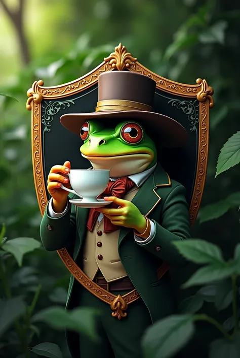 Love a soccer shield that has black gold and green ,  a frog that has an elegant hat and is drinking a cup of coffee 