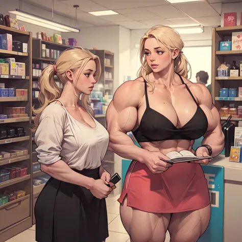 (Realistic:1.2), young girl ordering at a medicine shop, (hypermuscle:1.6), long straight blonde hair, pink bralette, (shy expression), pigtails, pink skirt, huge lips