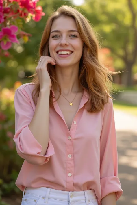 Blush Moments: The Subtle Glow of Young Love.  
An ultra-realistic, heartwarming portrait of a woman caught in a candid, joyful moment. She wears a blush pink button-up blouse with rolled sleeves, slightly tucked into white denim shorts for a relaxed, yout...