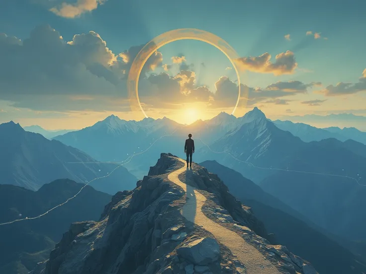  A conceptual illustration representing Logotherapy and the coping with anxiety.  The image must convey overcoming and purpose ,  with an individual standing on top of a mountain ,  looking at an illuminated horizon , symbolizing the search for meaning .  ...