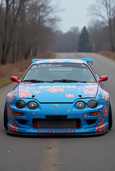 1994 Toyota Celica GT4 with a modern, unique paint job with geometric liveries in the same style as the Toyota Celica GT-Four ST205 "Sakura" Custom Concept version 2, but with the blue lagoon as the primary color and any other suitable secondary color, exc...