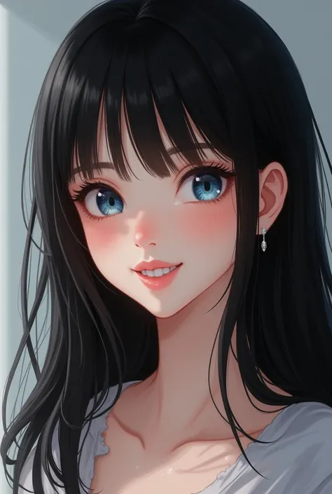  Realistic image of an  girl with smooth and beautiful black hair.  Very pointed canine teeth .  Beautiful and very white smile .  Beautiful blue eyes in a monolide shape .  hourglass shaped body . thin. Skin color is white.  stuffy nose earring. There are...