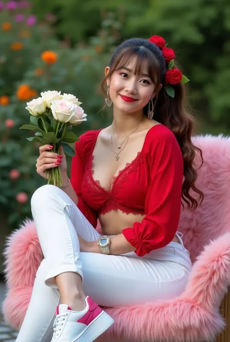 A whole photo of Beautiful Asian woman, sweet smile,extra size body,fair brown skin,red kissable lips, long shiny brown curly hair with bangs and punk ribbon on ponytail. Wearing red sweetshirts with brasier inside, with red rose flower with green leaves d...