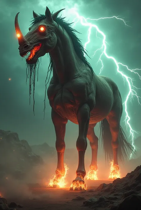 Make a big powerful biohazard zombie hybrid with horse with lightning energy 