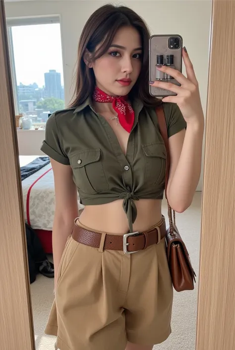 "Amateur shot of a mirror selfie with a student-themed room and city view in the background. A woman with big boobs looking at the camera, wearing A safari-inspired ensemble featuring a cropped, short-sleeved olive-green button-up shirt with structured poc...