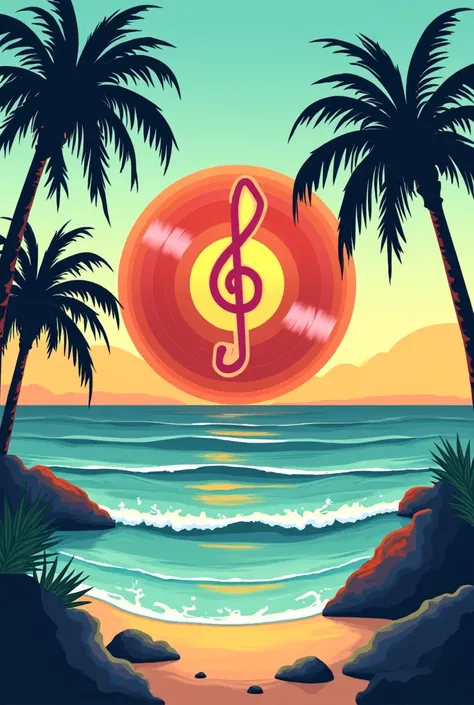 Vinyl music logo with sea and palm trees 