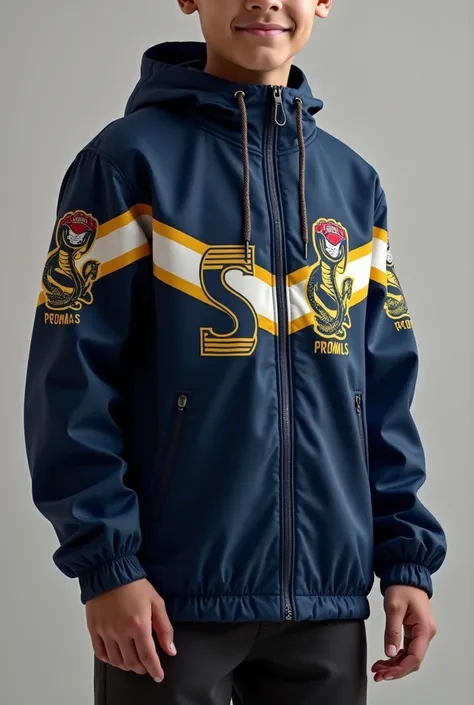 Create a windbreaker jacket for a school promotion with the logo "SJ" and "promo "2025" with navy blue colors, white, negro and amarillo tambien agregar un logo rectangular de color celeste and otra de colores "red, amarillo and verde"  It also adds a cobr...