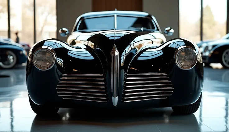 "A realistic, high-quality image of a modern sports car seen from the front view, resembling a 1940 Lincoln Continental restomod. The car is glossy black with a sleek, aerodynamic design, featuring a bold chrome grille, elegant round headlights, and a smoo...