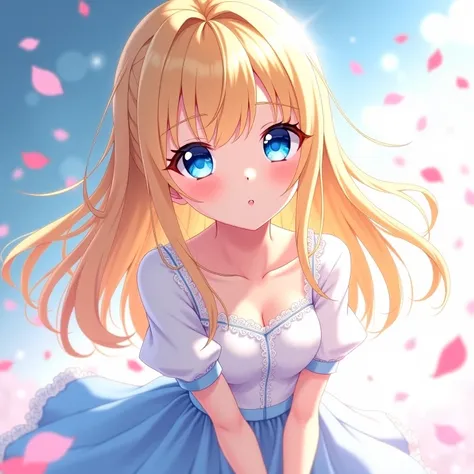 "A beautiful anime girl with long, silky blonde hair, slightly wavy at the ends, shining under soft light. Her eyes are a deep, mesmerizing blue, large and expressive, reflecting a captivating and mysterious gaze. Her skin is fair and delicate, with a subt...