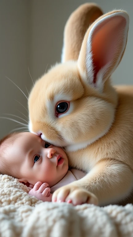 A baby and a huge rabbit.  details.  Filmed with a good camera.  photography .  close-up 