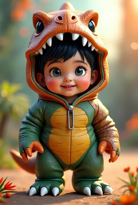  I want a picture of a 7-month-old  named Siraj wearing clothes in the shape of a dinosaur character from my anime . He is a beautiful baby with black hair and beautiful eyes. 